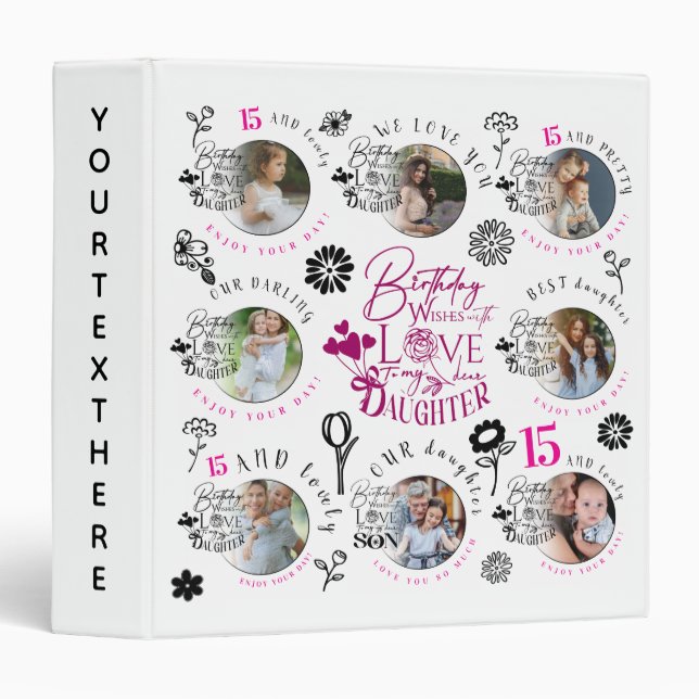 Daughter Birthday Photo Collage Typography  3 Ring Binder (Front/Spine)