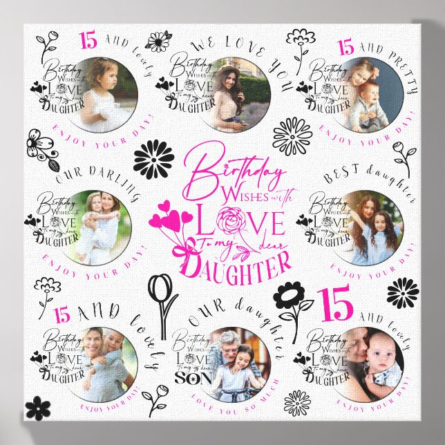 Daughter Birthday Photo Collage Typography  Canvas Photo Tile (Front Set)