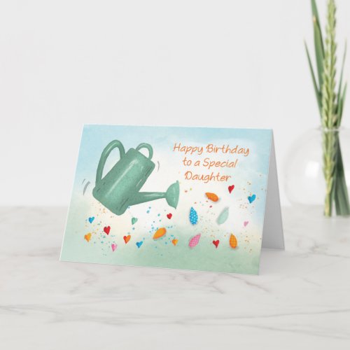 Daughter Birthday Watering Can Sprinkling Hearts Card