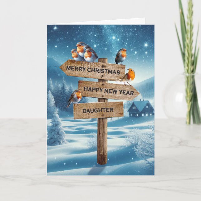Daughter Christmas Robins on a Signpost Holiday Card (Front)