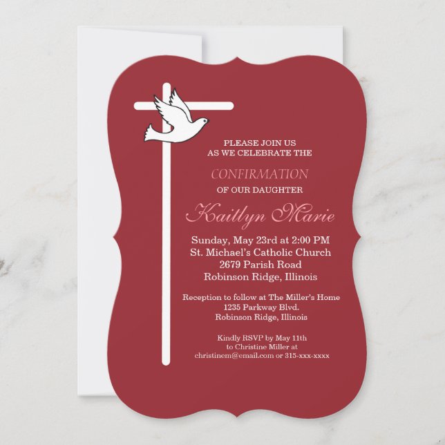 Daughter Confirmation Cross Dove on Red Invitation (Front)