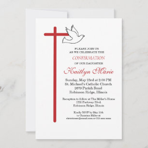 Daughter Confirmation Red Cross and Dove on White Invitation