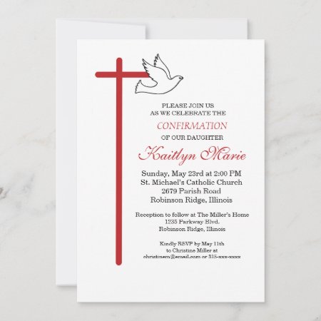 Daughter Confirmation Red Cross And Dove On White Invitation