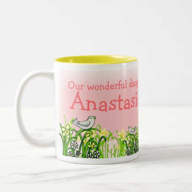 Daughter custom name dark hair girl spring mug (Left)