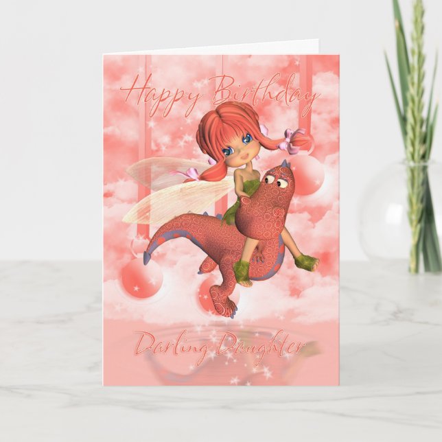 Daughter Cute Birthday card, pink dragon and fairy Card (Front)