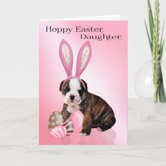 Daughter Cute Easter Bulldog Puppy With Eggs Holiday Card (Front)
