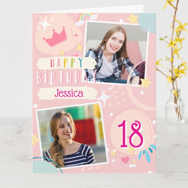 daughter Doodle Rainbow 18th Birthday Photo  Card (Yellow Flower)