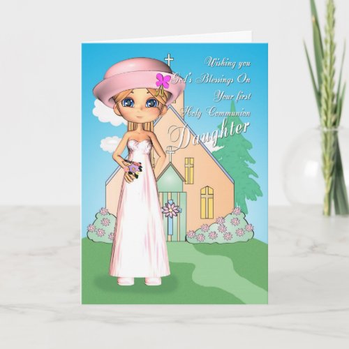 Daughter first holy communion little girl and chur card