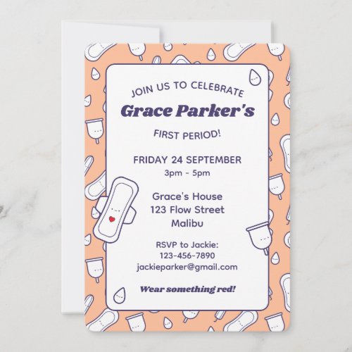 Daughter First Period Peach Cute Tampon Party Invitation