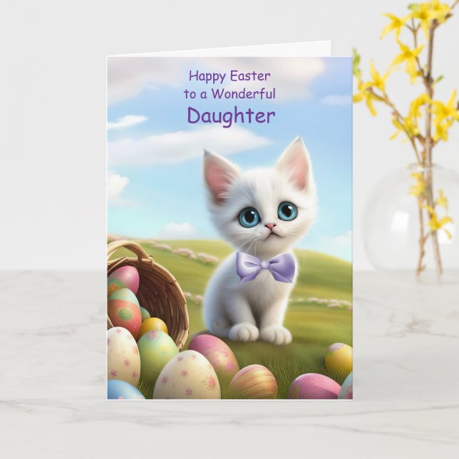 Daughter Happy Easter with Cute White Kitten Card (Yellow Flower)