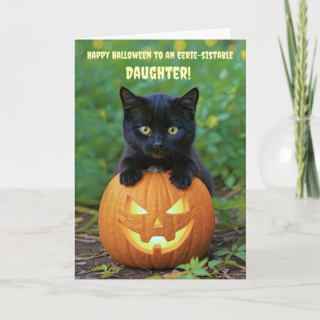 Daughter Happy Halloween Cute Black Cat Kitten  Card (Front)