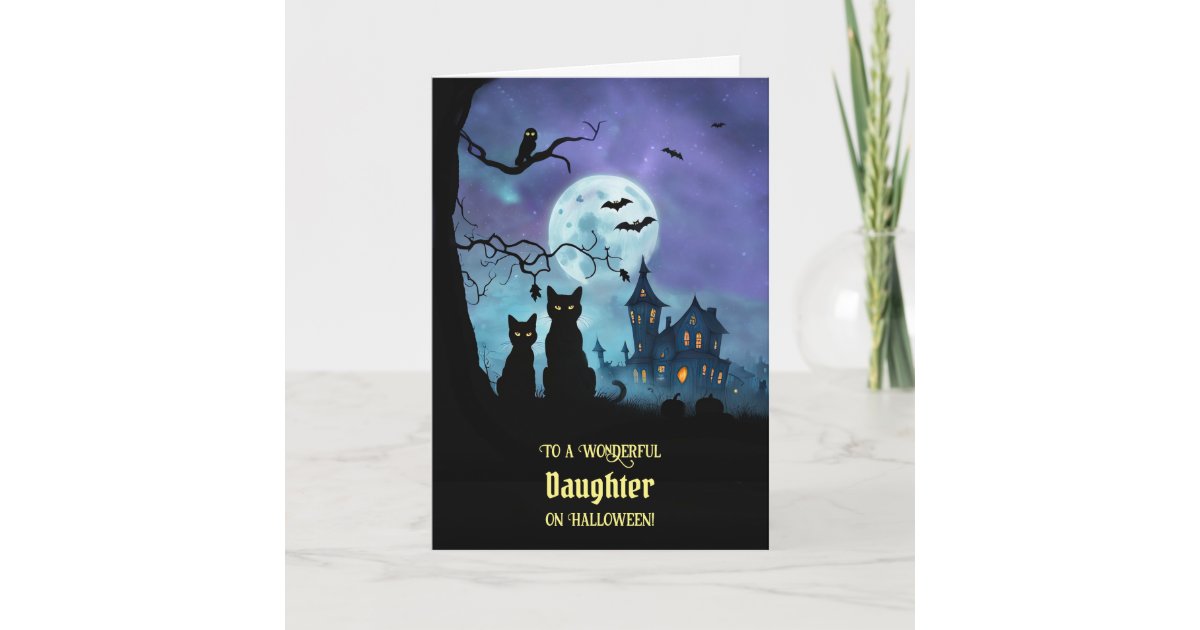 Daughter Happy Halloween Cute Black Cats Card | Zazzle