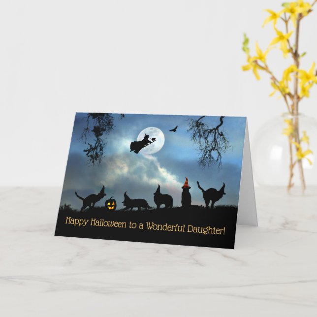 Daughter Happy Halloween Witches and Cats Card (Yellow Flower)