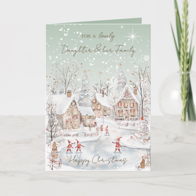 Daughter &Her Family Christmas Snowy Houses Holiday Card (Front)