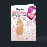 Daughter holding pink balloons confetti birthday card<br><div class="desc">A beautiful illustration of a woman with long blonde hair holding a bunch of vibrant pink, purple and fuchsia colored balloons is surrounded by soft pink confetti ribbons and glitter. The words, happy birthday to a very special daughter (which may be changed to granddaughter, niece, godchild etc) appears on a...</div>