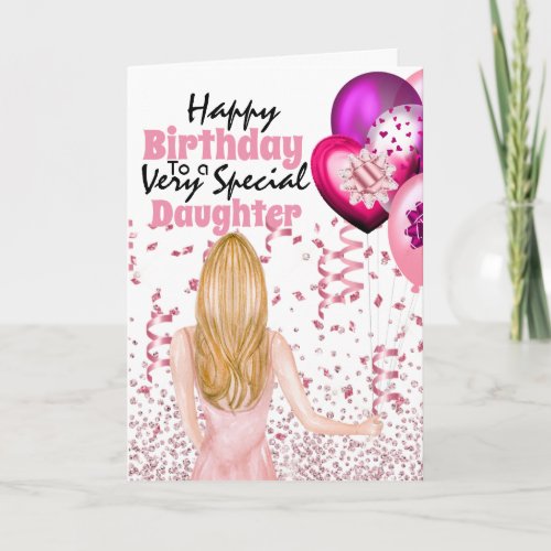 Daughter holding pink balloons confetti birthday card
