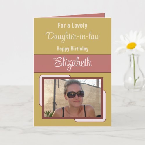 Daughter_in_law add name photo gold pink birthday card