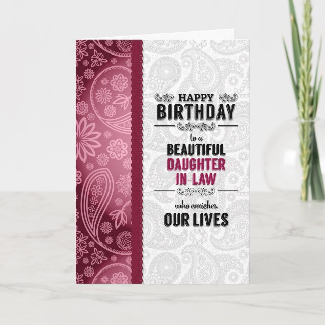 Daughter in Law Birthday Pink Hearts and Paisley Card (Front)