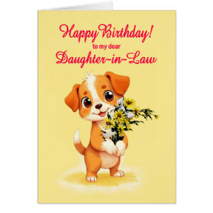 Daughter In Law Birthday Puppy and Flowers  Cards