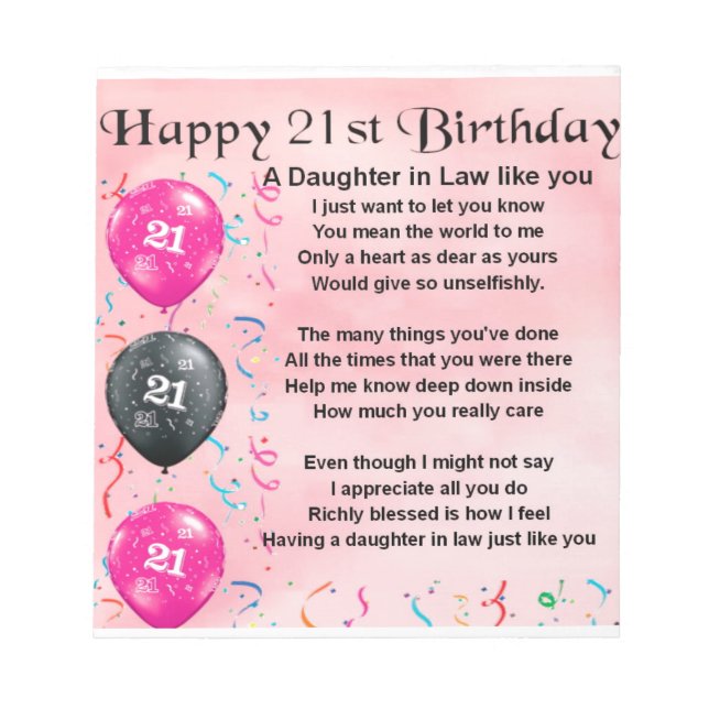 Daughter in Law Poem - 21st Birthday Notepad (Front)