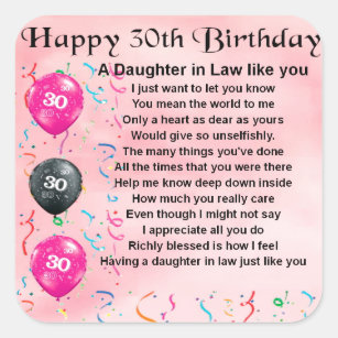 Daughter in Law Poem - 30th Birthday Square Sticker