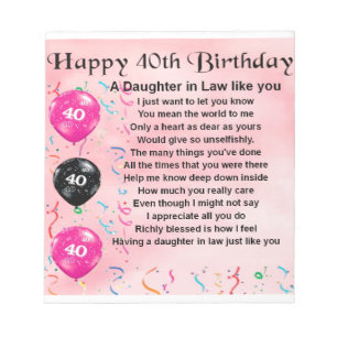 Daughter in Law Poem  -  40th Birthday Notepad