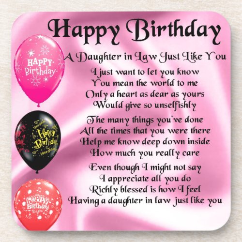 Daughter in Law Poem _  Happy Birthday Drink Coaster