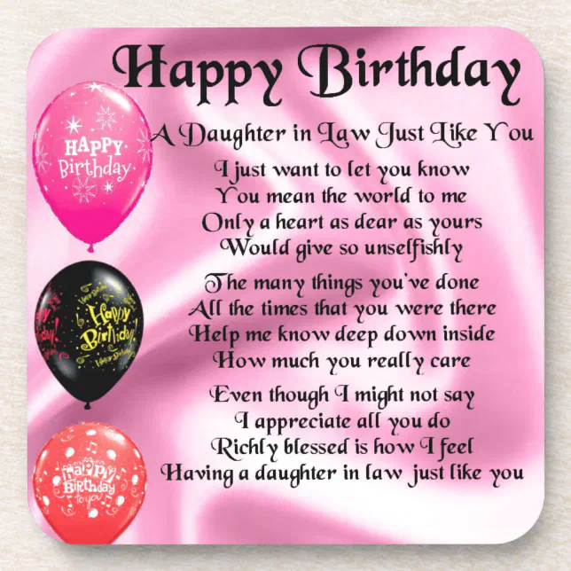 Daughter in Law Poem - Happy Birthday Drink Coaster | Zazzle