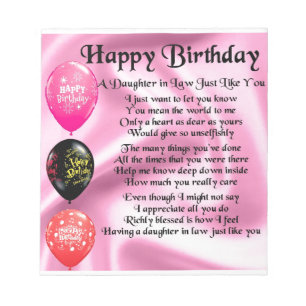 Daughter in Law Poem -  Happy Birthday Notepad