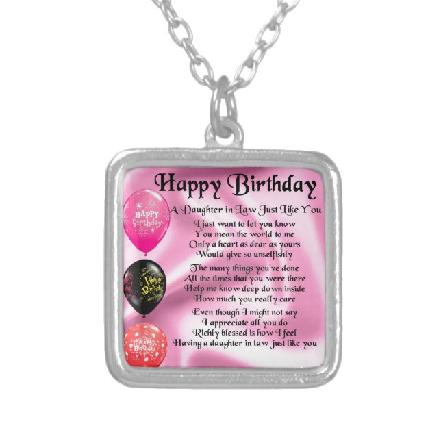 Daughter in Law Poem -  Happy Birthday Silver Plated Necklace (Front)
