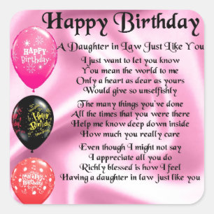 Daughter in Law Poem - Happy Birthday Square Sticker