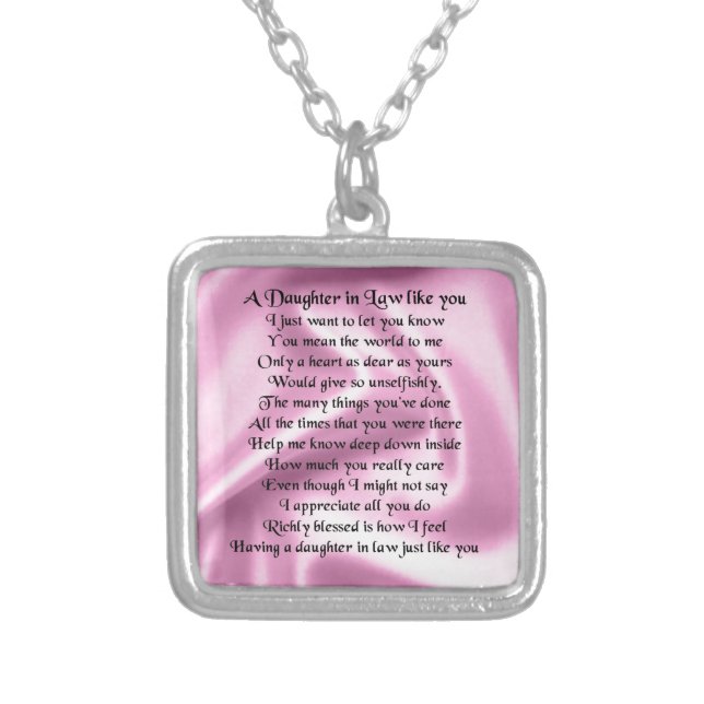 Daughter in Law Poem - Pink Silk Silver Plated Necklace (Front)