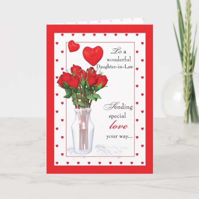Daughter-in-Law Valentine's Day Red Roses Hearts Holiday Card (Front)