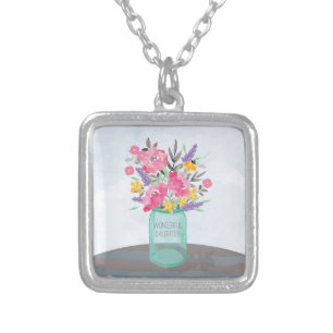 Daughter Mother's Day Mason Jar Vase Silver Plated Necklace