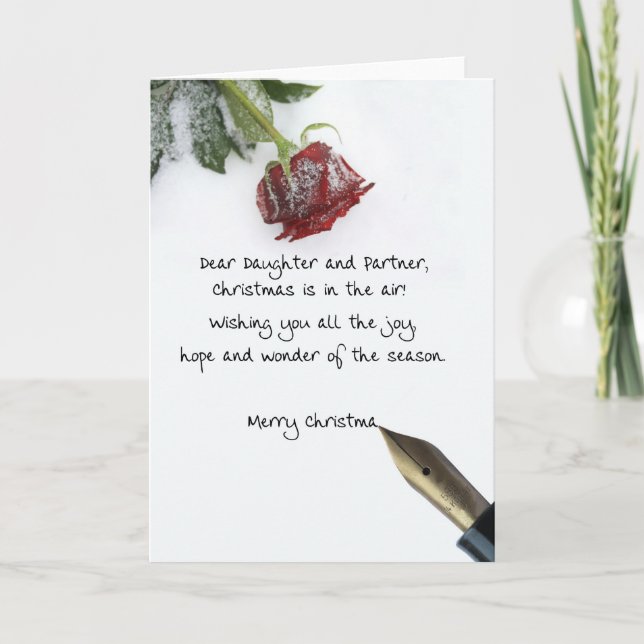 Daughter & Partner christmas letter on snow rose Holiday Card (Front)
