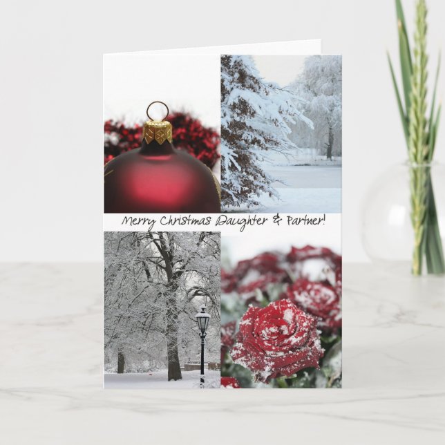 Daughter & Partner Merry Christmas! red winter sno Holiday Card (Front)