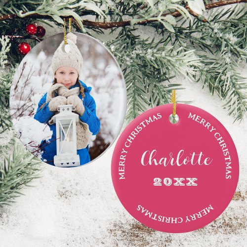 Daughter Photo And Name Pink Merry Christmas Ceramic Ornament