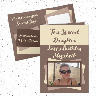 Daughter photo name brown cream birthday card