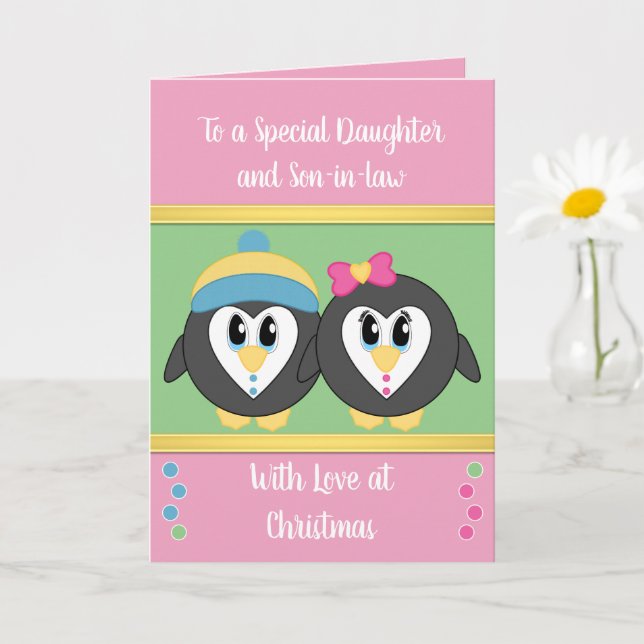Daughter pink and green penguins Christmas Card (Small Plant)