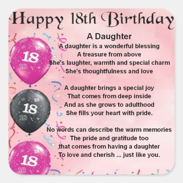 Daughter Poem - 18th Birthday Square Sticker (Front)