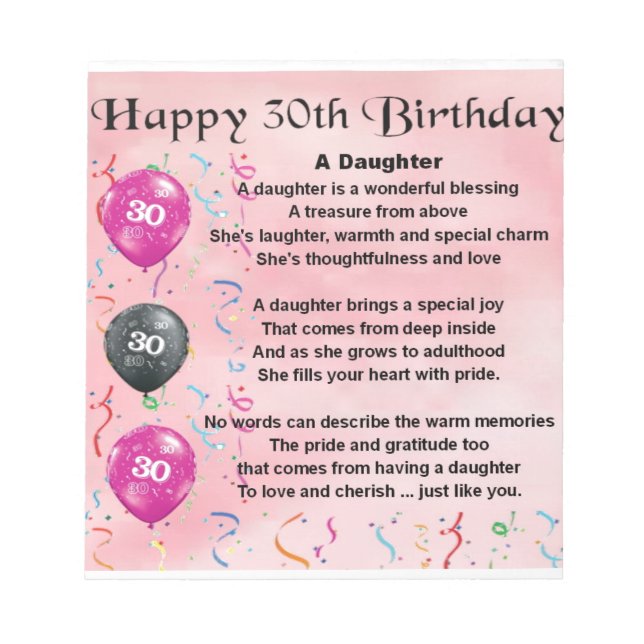 Daughter Poem  30th Birthday Notepad (Front)