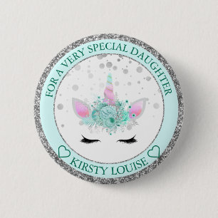 Daughter Pretty Mint & Silver Floral Unicorn Face Button