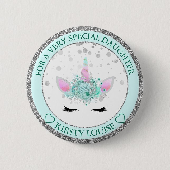 Daughter Pretty Mint & Silver Floral Unicorn Face Button (Front)