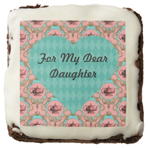 Daughter Teal and Coral Teapot Heart Valentines Brownie