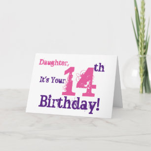 Daughter's 14th birthday greeting in purple, pink. card
