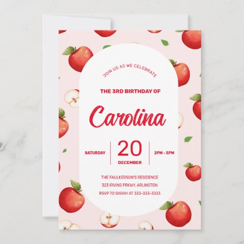 Daughters Apple Theme 3rd Birthday Party Invitation