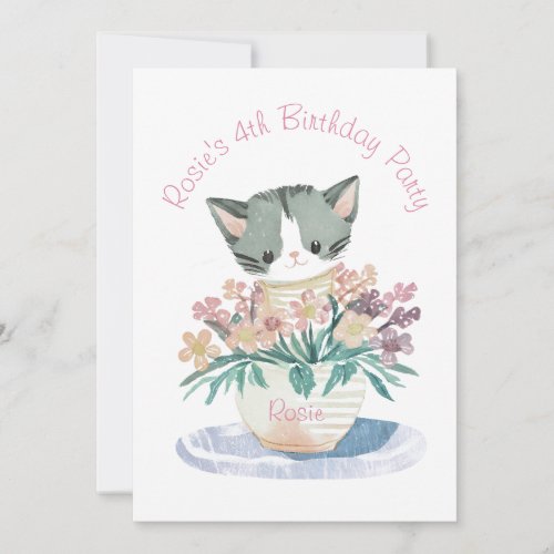 Daughters Birthday Cute Kitten Name And Photo Invitation