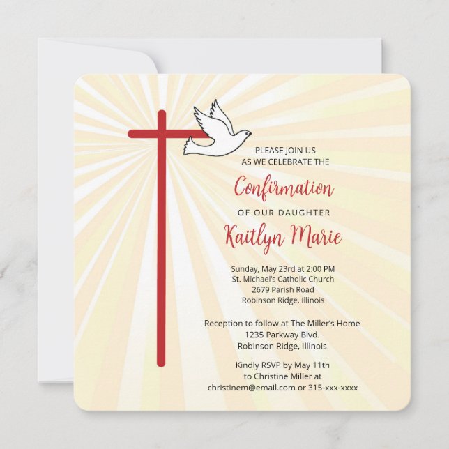 Daughter's Confirmation Cross Dove Gold Rays Invitation (Front)