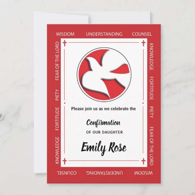Daughter's Confirmation Red with Dove Invitation (Front)