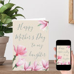 Daughters Mothers Day Pink Magnolia Flowers Holiday Card<br><div class="desc">Personalize this Happy Mothers Day Card for your daughter. This pretty floral design features feminine pink magnolia flowers and elegant handwritten style typography. The color palette is shades of pink,  shale green and vintage cream. Please browse my store for alternative colors,  styles and designs.</div>